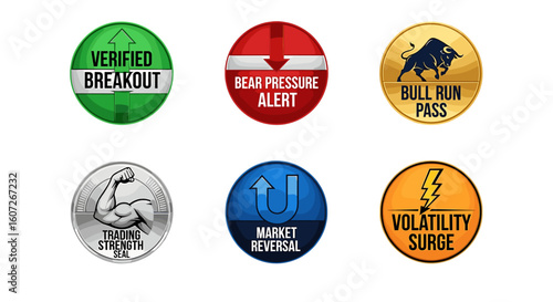 A trading signals icons set showcasing market volatility, breakouts, bull runs, bear pressure, strength and market reversal for financial strategy insights.