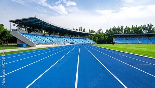 Blue running track and stadium under a partly cloudy sky