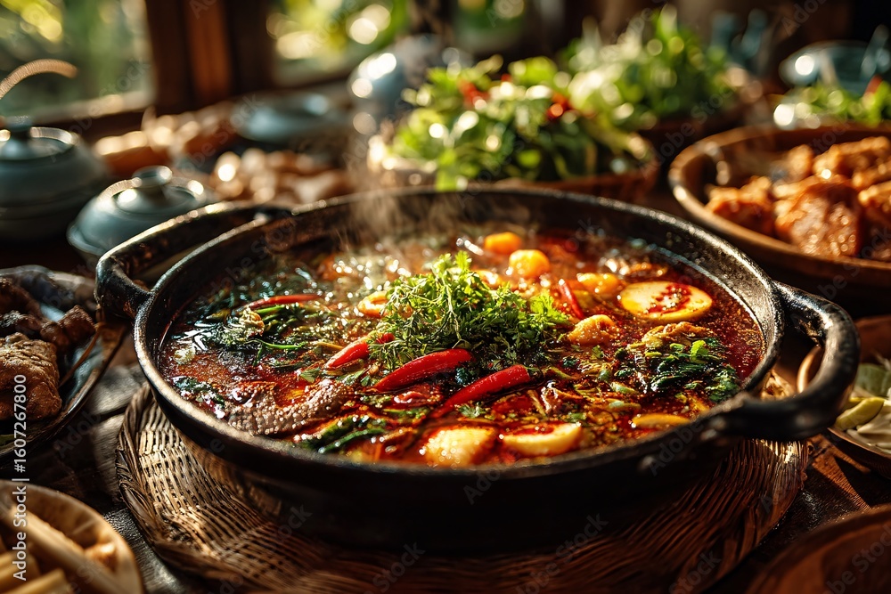 Delicious Spicy Hot Pot with Fresh Ingredients and Aromatic Herbs Delicious Spicy Hot Pot with Fresh Ingredients and Aromatic Herbs