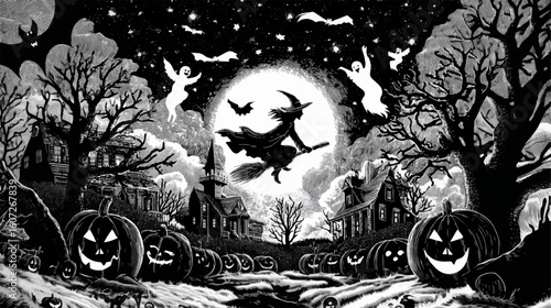 Vintage Halloween illustration with witch, ghosts, pumpkins, and haunted houses