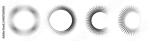 Black dots forming circular patterns on white abstract