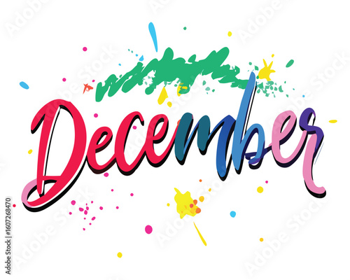 Colorful december month illustration with paint splashes for calendar and greeting card design art, December text design