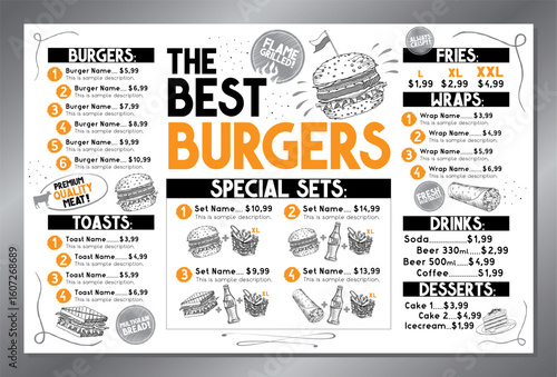 The best burgers - table menu card template - tabloid, ledger format (11 x 17 inches) - vector illustration