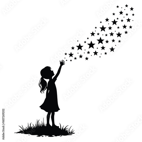 Young girl reaching for a stream of stars silhouette child