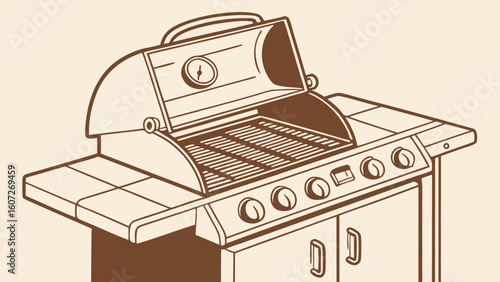 Vintage Style Line Drawing of a Four-Burner Gas Grill with Open Lid and Tile Side Tables - BBQ Grill Illustration