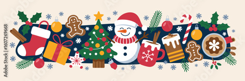 Cheerful christmas banner with snowman tree gifts and hot drinks christmas tree hot chocolate