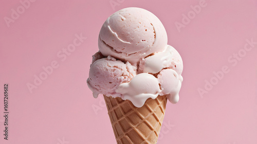 Pink strawberry ice cream cone on pink background