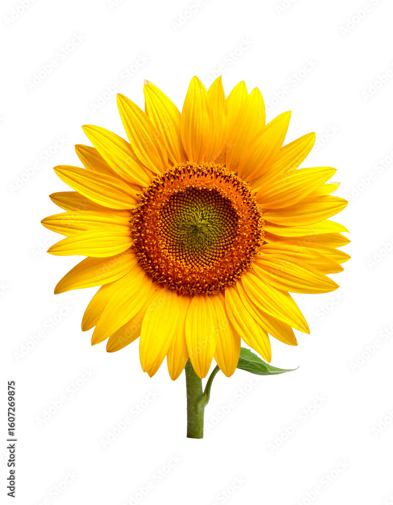 Obraz premium Front Facing Sunflower Isolated on Light Grey Background with Bright Petals and Natural Detail