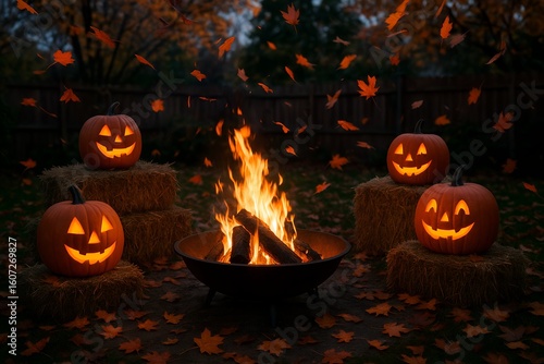 A cozy Halloween backyard setup featuring a fire pit, glowing pumpkins on hay bales, and autumn leaves flying in the wind at dusk.