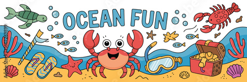 Cheerful ocean scene with playful sea creatures and treasures ocean fun crab