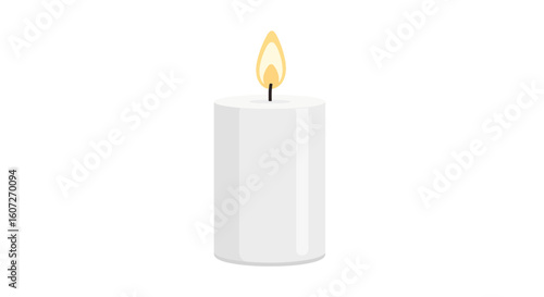 Minimalistic illustration of a white candle with a vibrant flickering flame standing against a plain background offering a sense of peace and serenity