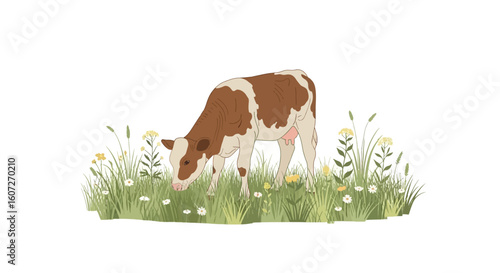 Pastoral Harmony: A Brown and White Calf Grazing Peacefully in a Lush Meadow Illustration