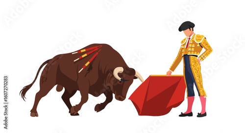 Matador Confronting an Enraged Bull in an Iconic Cultural Showdown of Power and Skill