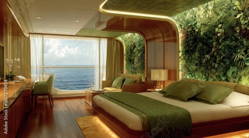 Modern cruise ship stateroom with a sea view.