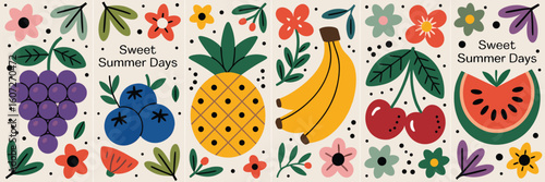Fruity summer illustrations with floral accents grapes blueberries