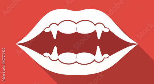 Stylized Graphic of Vampire Fangs and Lips on a Red Backdrop with Long Shadow Effect