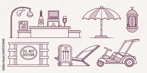 Hotel reception desk with champagne and computer beside umbrella and lantern vector