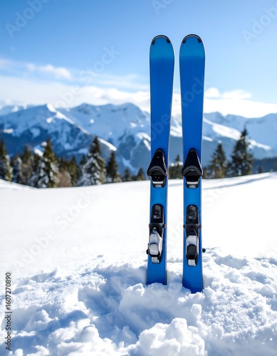 Blue skis in snowy mountains