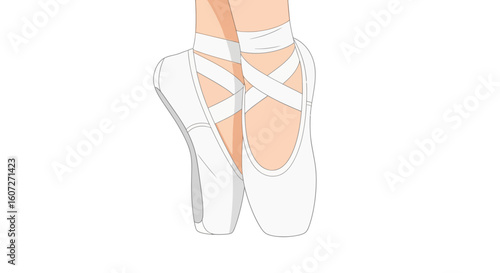 Delicate artistry: Close-up illustration showcasing a ballet dancer's poised feet in white pointe shoes, emphasizing elegance and precision in every