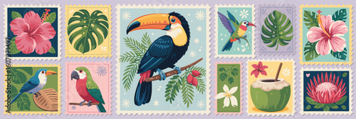Tropical birds flowers and foliage on vintage postage stamps