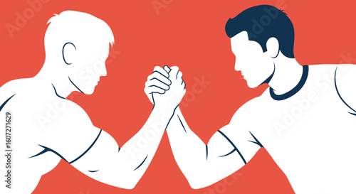Two Men in Intense Arm Wrestling Contest on Vivid Orange Backdrop Showcasing Tenacity and Strength