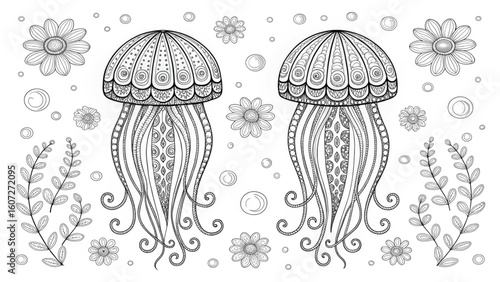 Intricate black and white illustration of two symmetrical jellyfish surrounded by floral patterns and bubbles