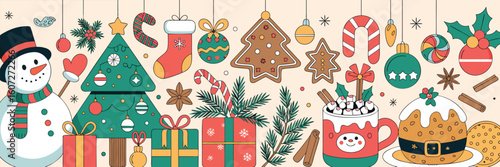 Christmas Holiday Winter Border with Snowman Tree Gifts