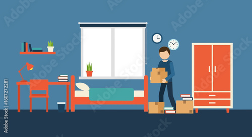 Man Moving Cardboard Boxes into New Bedroom or Dorm Room