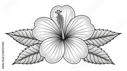 Detailed black and white sketch of a hibiscus flower with leaves