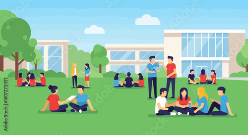 Diverse Students Relaxing on University Campus Lawn in Summertime