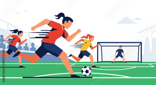 Female Soccer Players Running and Playing Football on Green Field