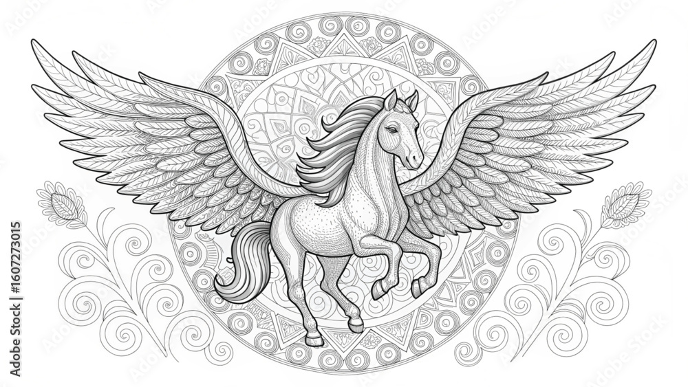 Fototapeta premium Detailed line art drawing of a majestic winged horse pegasus in a circular frame