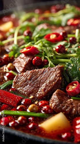 Spicy Beef Dish with Fresh Herbs and Colorful Ingredients