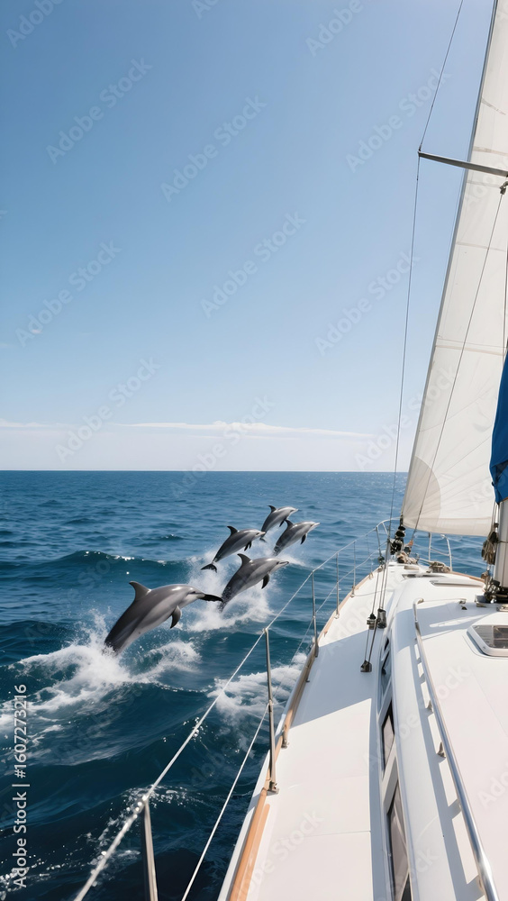 Fototapeta premium Wide-angle side view of a sleek white sailing yacht gliding on deep blue ocean with dolphins leaping nearby.
