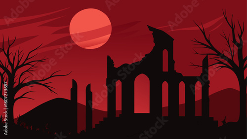 abandoned cathedral ruins under crimson eclipse