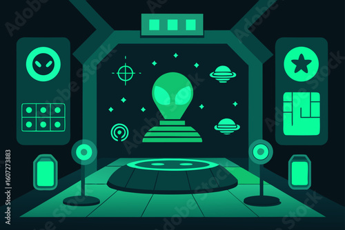 alien technology interface room  strange hieroglyp