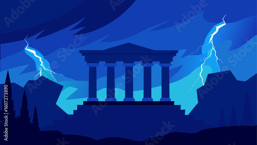 ancient greek ruins glowing under supernatural sky