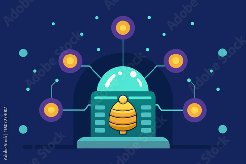 bio tech hive with glowing spores and ai controlle