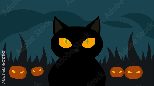 black cat  glowing eyes  pumpkin patch