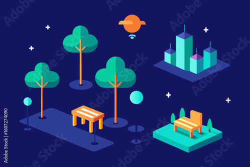city park with ar trees  glowing benches  and dron