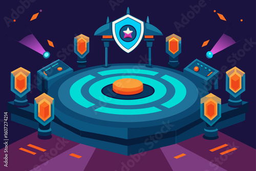 cyber drone battle arena  glowing shields and weap