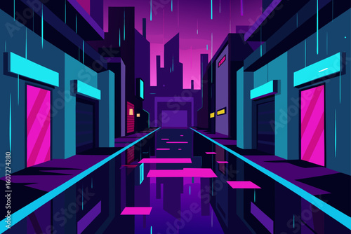 cyberpunk alley flooded with rain  neon puddles