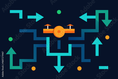 digital drone maze with glowing arrows  blinking
