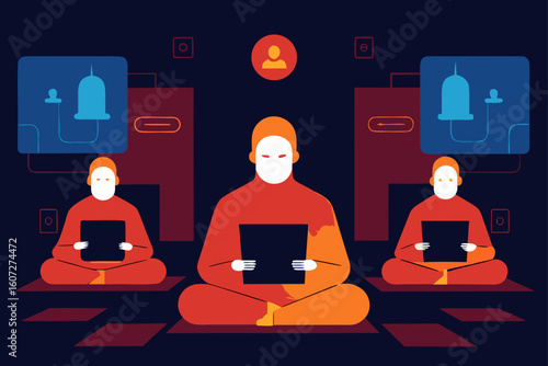 digital monastery with glowing prayer symbols