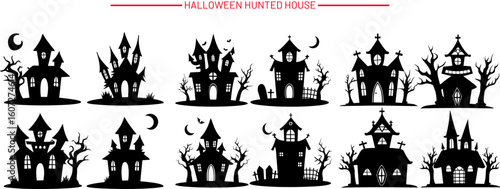 A big bundle of halloween haunted house silhouette set. vector illustration perfect for halloween project