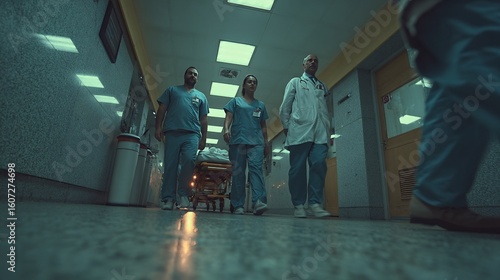 Medical Professionals Walking in Hospital Corridor with Equipment