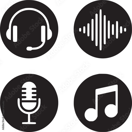 Audio podcasting music icons set vector illustration for sound recording and listening design