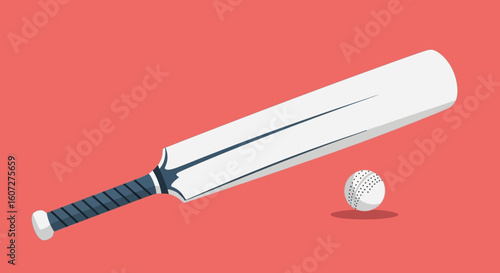 Illustrated cricket equipment image, emphasizing the bat and ball on a light red canvas background, displaying sporting lifestyle equipment,