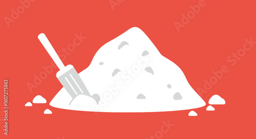 Minimalistic Depiction of Ingredient Handling on a Vibrant Coral Background with a Pile of White Substance