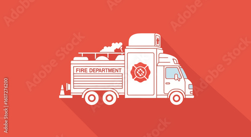 Stylized Fire Department Vehicle Illustration in White Outline on Crimson Backdrop Offering Aid